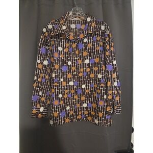 Alfred Dunner Button Up Brown Abstract Blouse, Vintage Women's Top Shirt, Large
